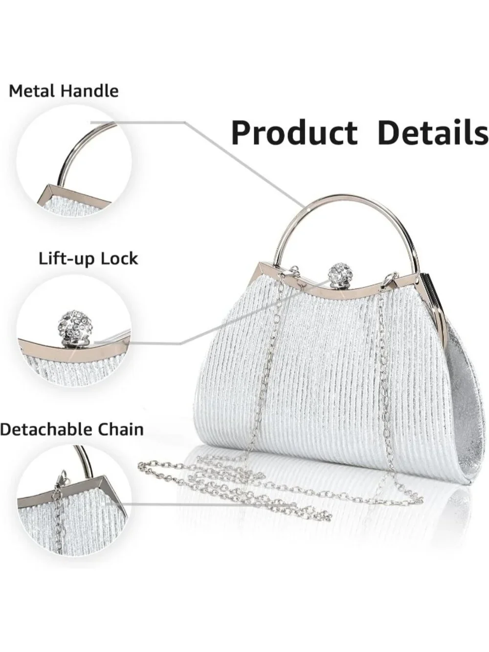 Women's Silver Y Glitter Pleated Clutch Purse For Sparkly Evening Wedding Bag